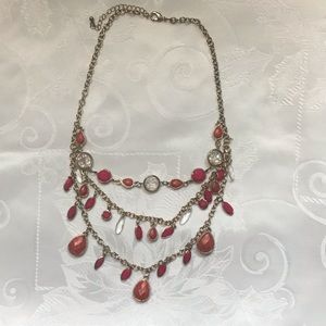 Gold layered necklace w/orange pink & clear stones